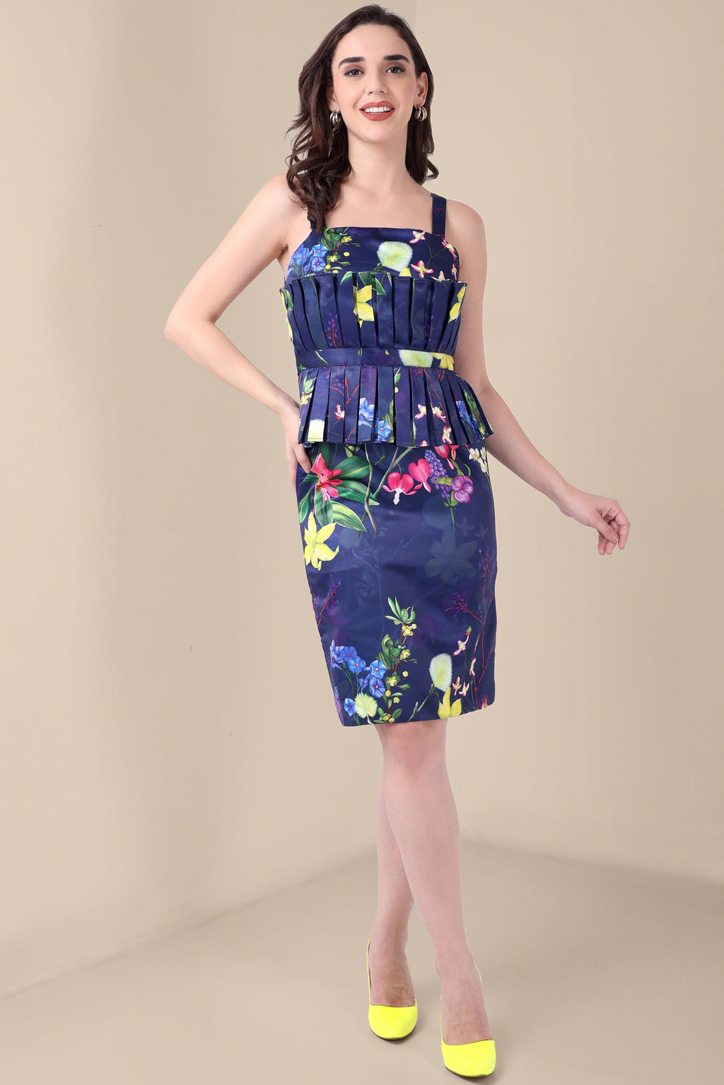 Women Navy Blue Floral Pleated Peplum Dress – Elegant Floral Bodycon Dress