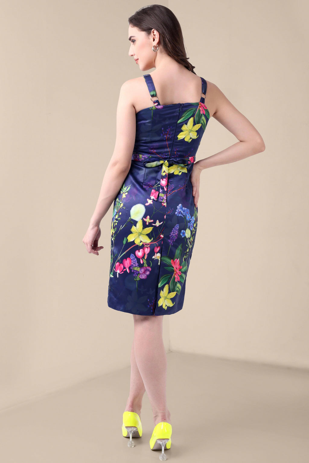 Women Navy Blue Floral Pleated Peplum Dress – Elegant Floral Bodycon Dress