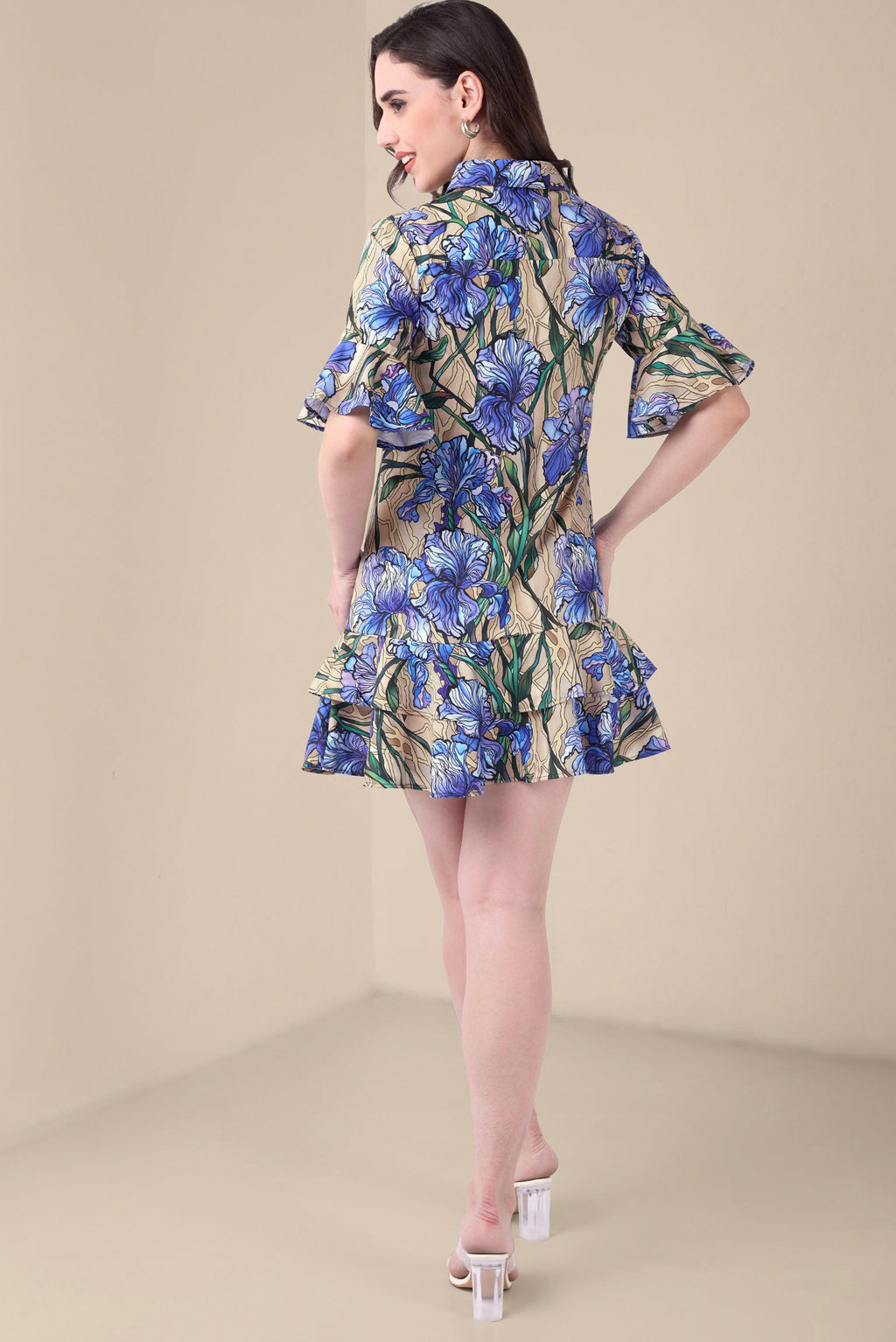 Women’s Blue Floral Shirt Dress with Ruffle Hem & Collar | Casual Chic Outfit