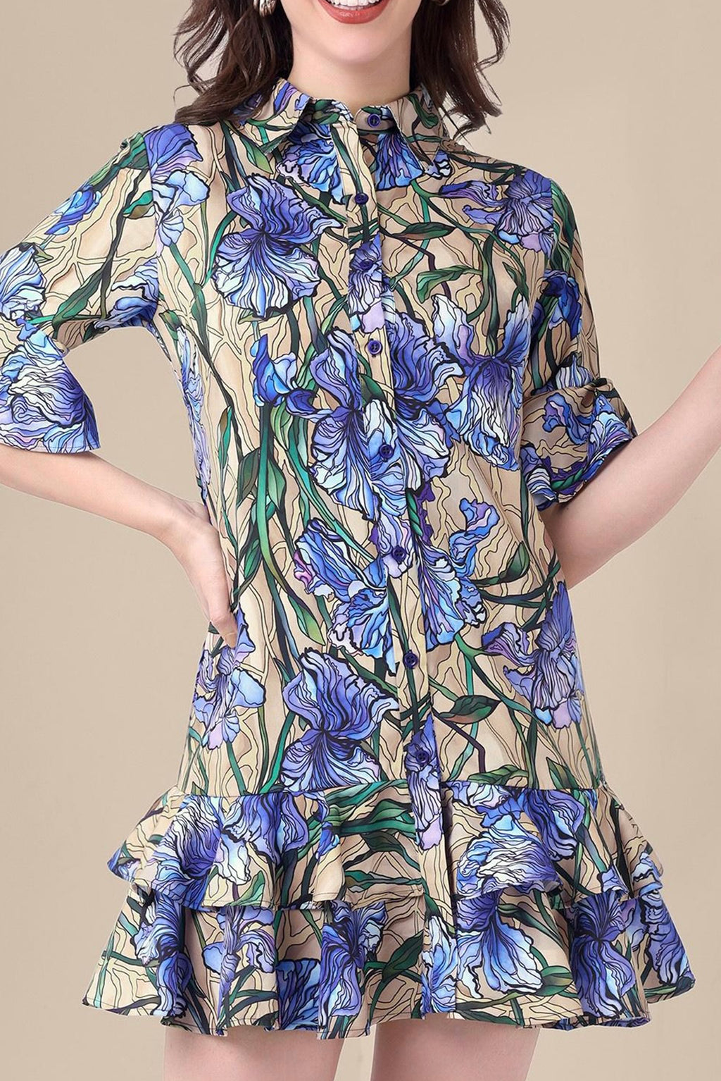 Women’s Blue Floral Shirt Dress with Ruffle Hem & Collar | Casual Chic Outfit