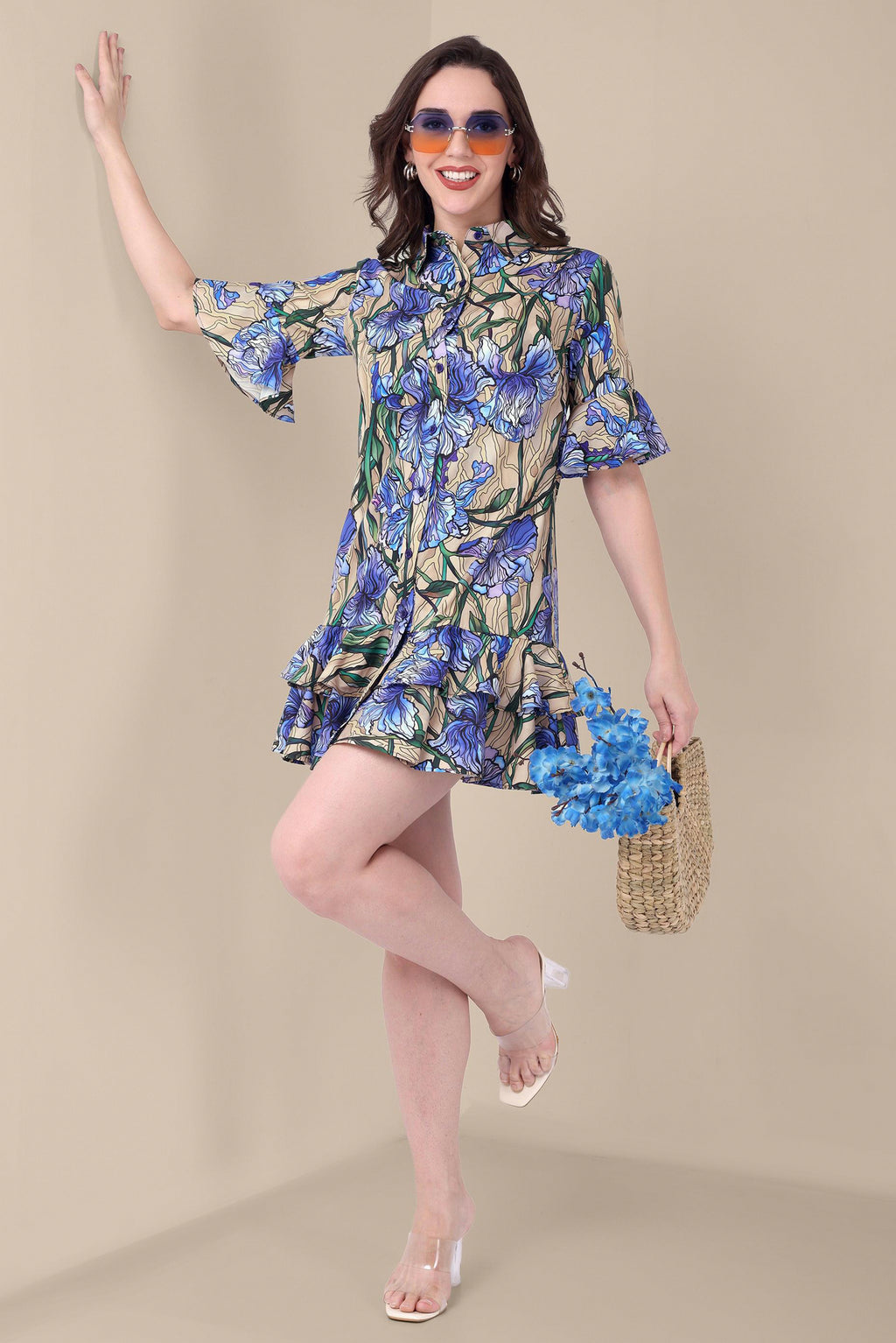 Women’s Blue Floral Shirt Dress with Ruffle Hem & Collar | Casual Chic Outfit