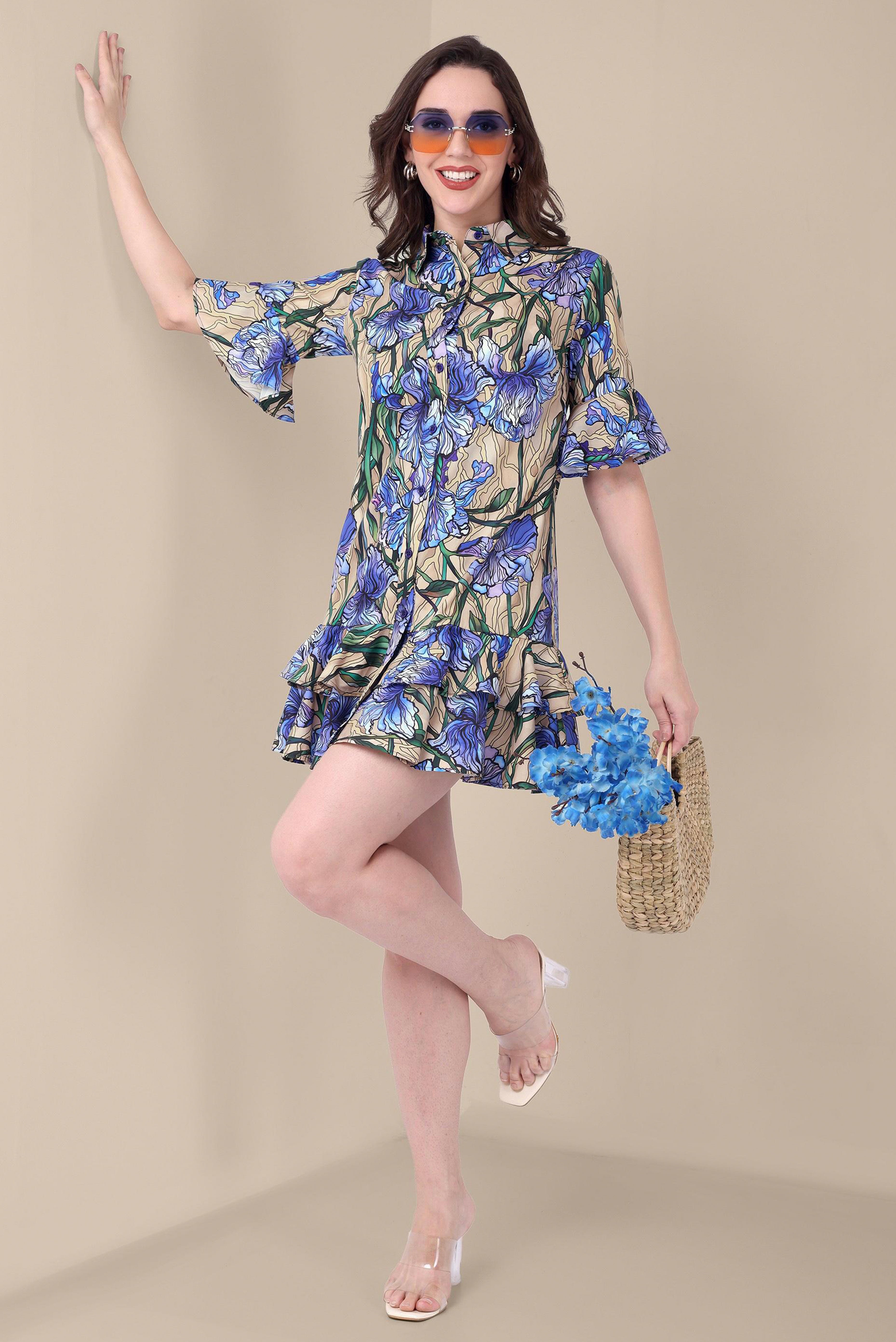 Women’s Blue Floral Shirt Dress with Ruffle Hem & Collar | Casual Chic Outfit