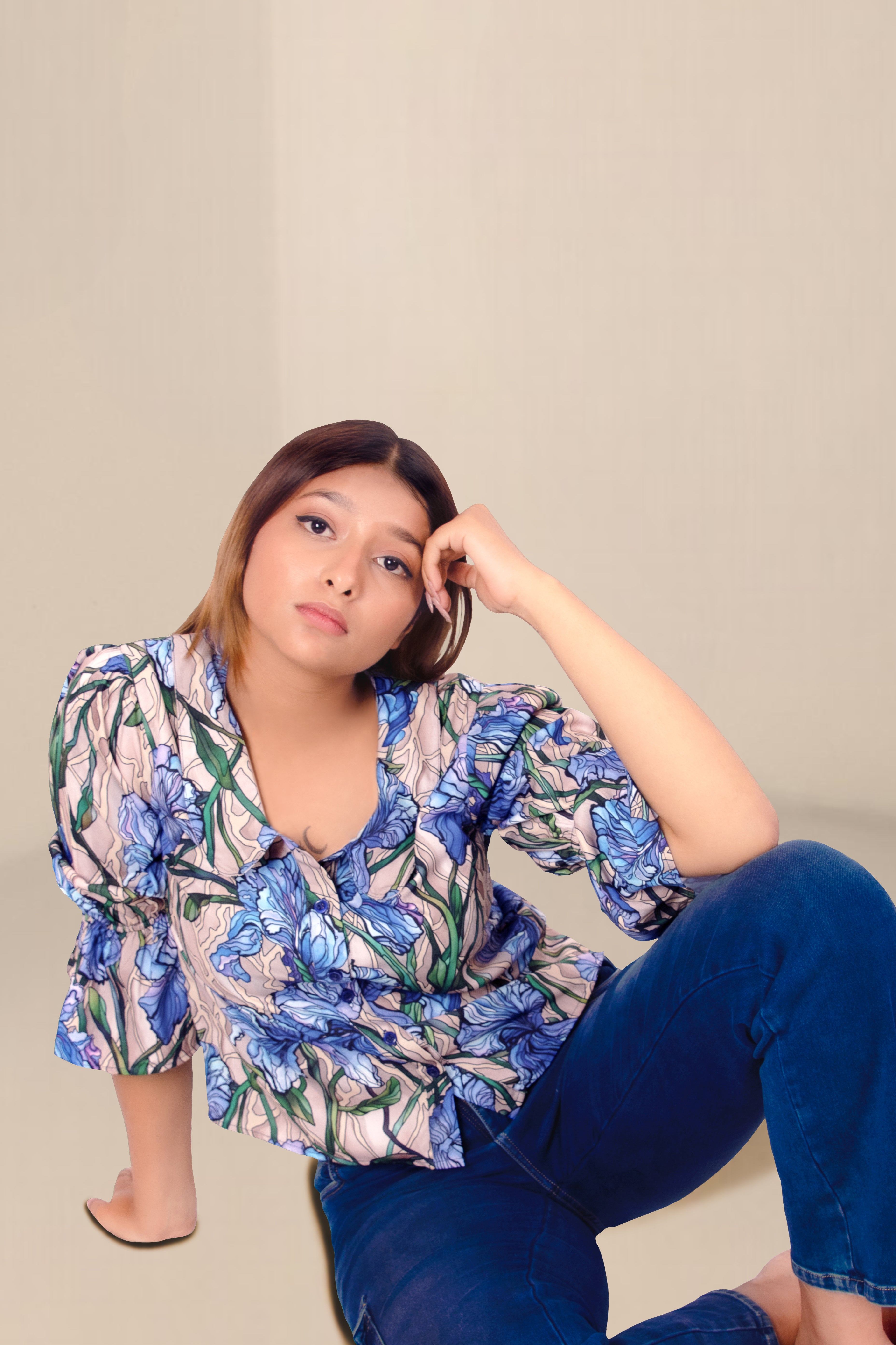 Floral Printed Tie-Neck Blouse – Elegant Blue Iris Top for Women