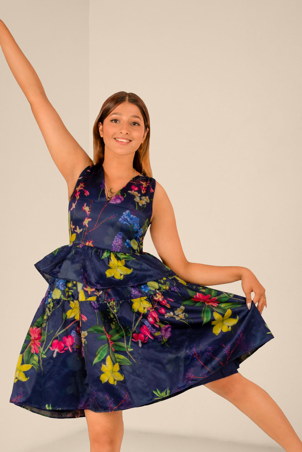 Women Navy Blue V-Neck Floral Peplum Dress – Elegant Sleeveless Party Dress