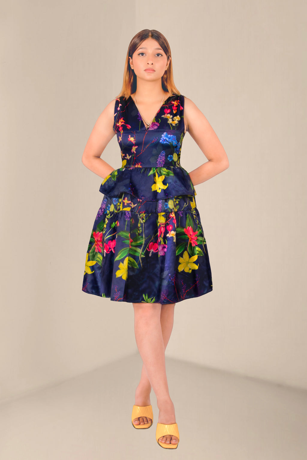 Women Navy Blue V-Neck Floral Peplum Dress – Elegant Sleeveless Party Dress