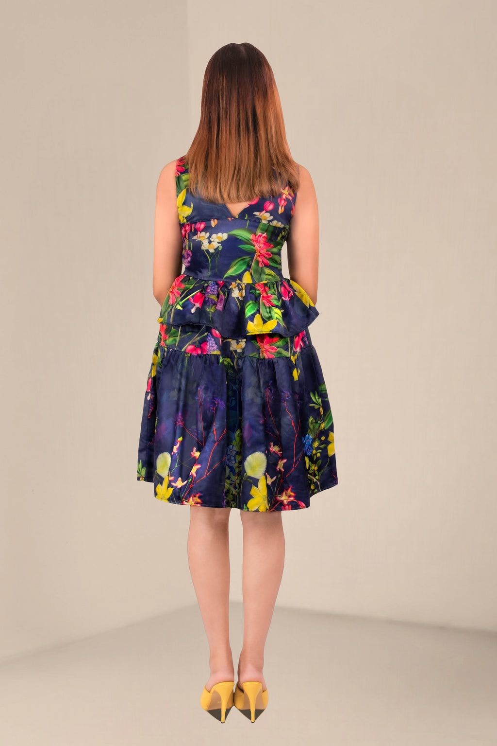 Women Navy Blue V-Neck Floral Peplum Dress – Elegant Sleeveless Party Dress