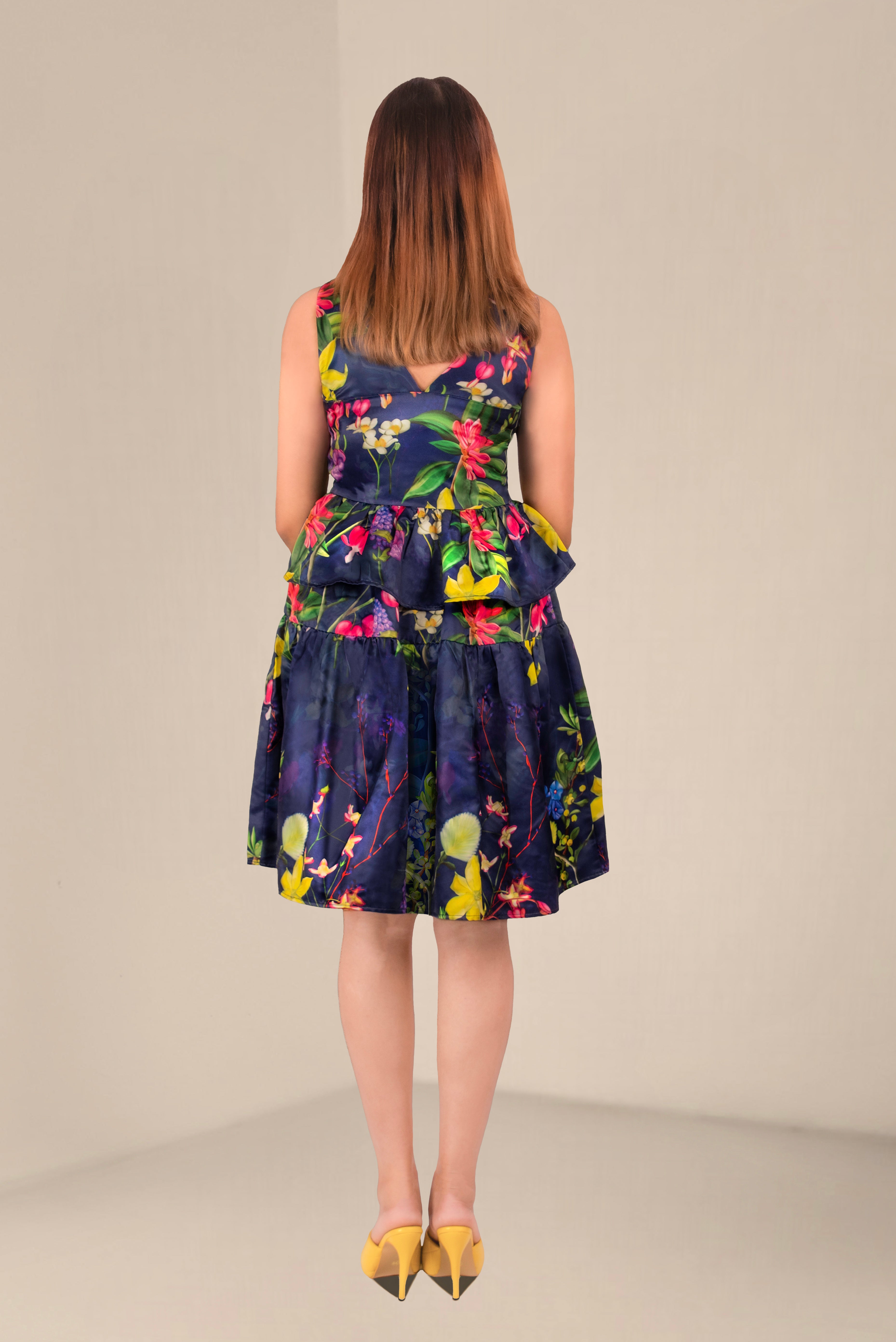 Women Navy Blue V-Neck Floral Peplum Dress – Elegant Sleeveless Party Dress