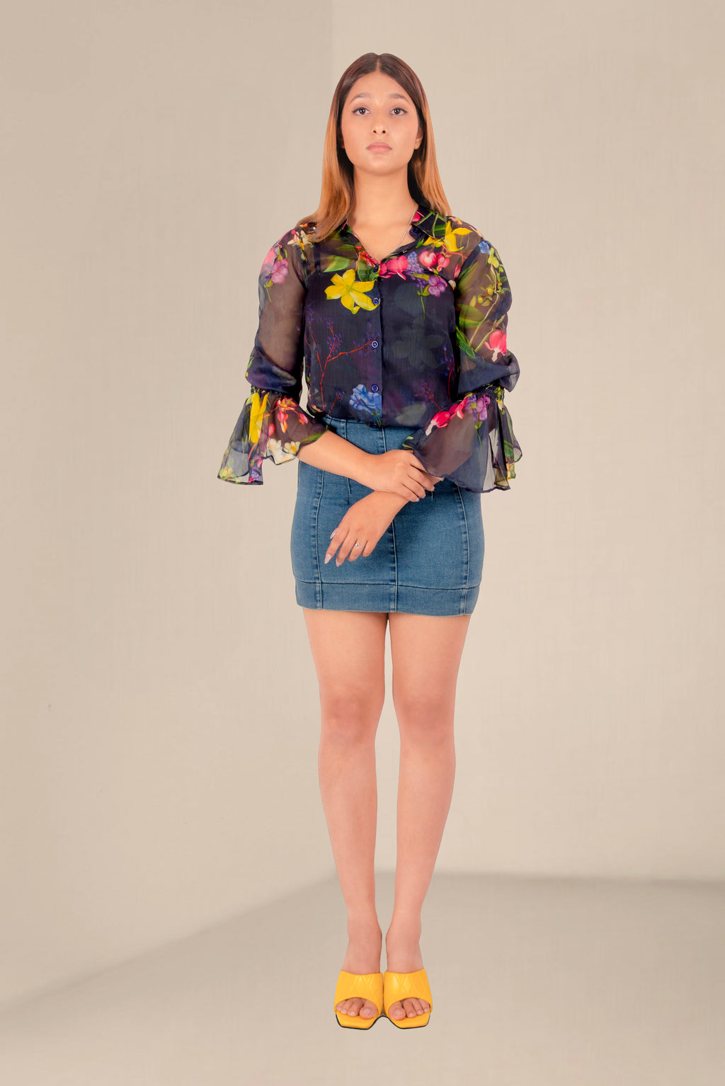 Women Blue Floral Organza Shirt with Flared Sleeves – Sheer Printed Blouse