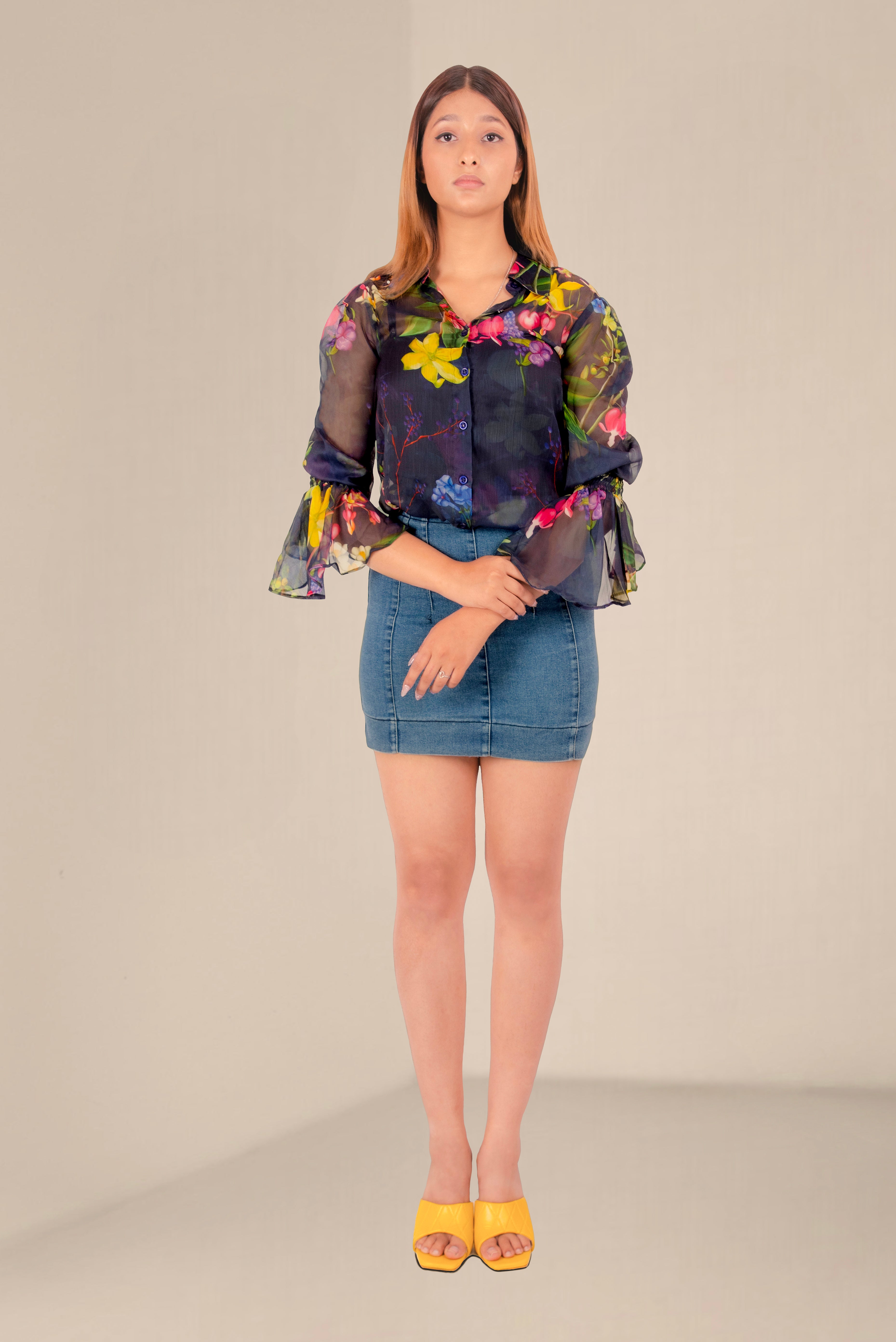 Women Blue Floral Organza Shirt with Flared Sleeves – Sheer Printed Blouse