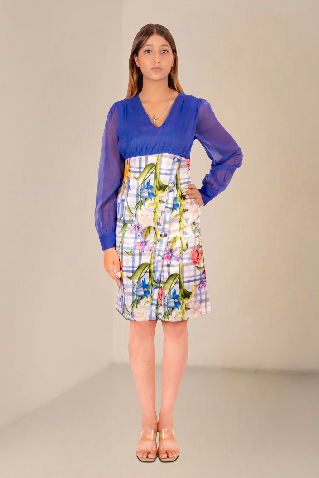 Women Blue Sheer Blouse with Floral High-Waist Skirt