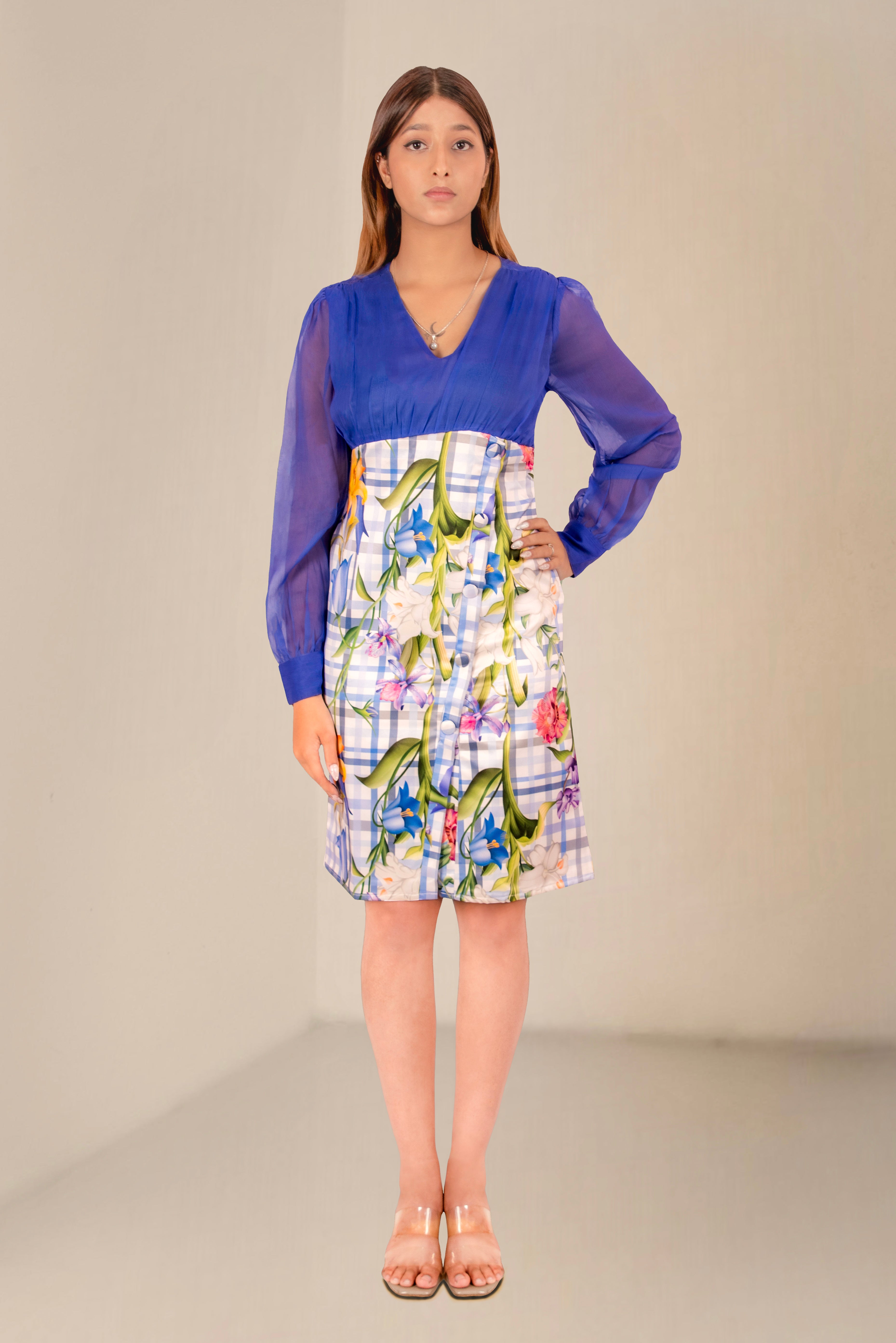 Women Blue Sheer Blouse with Floral High-Waist Skirt