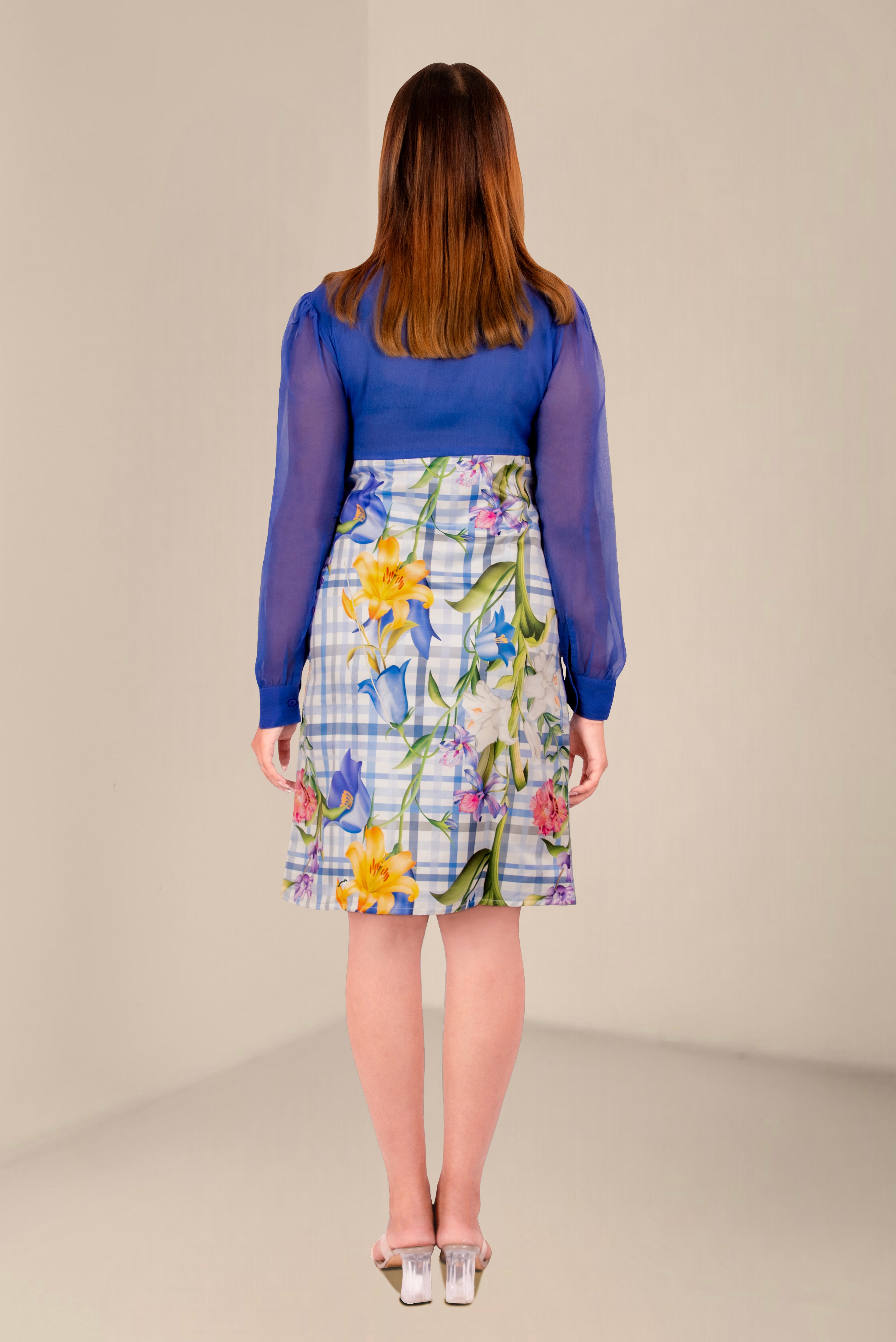 Women Blue Sheer Blouse with Floral High-Waist Skirt