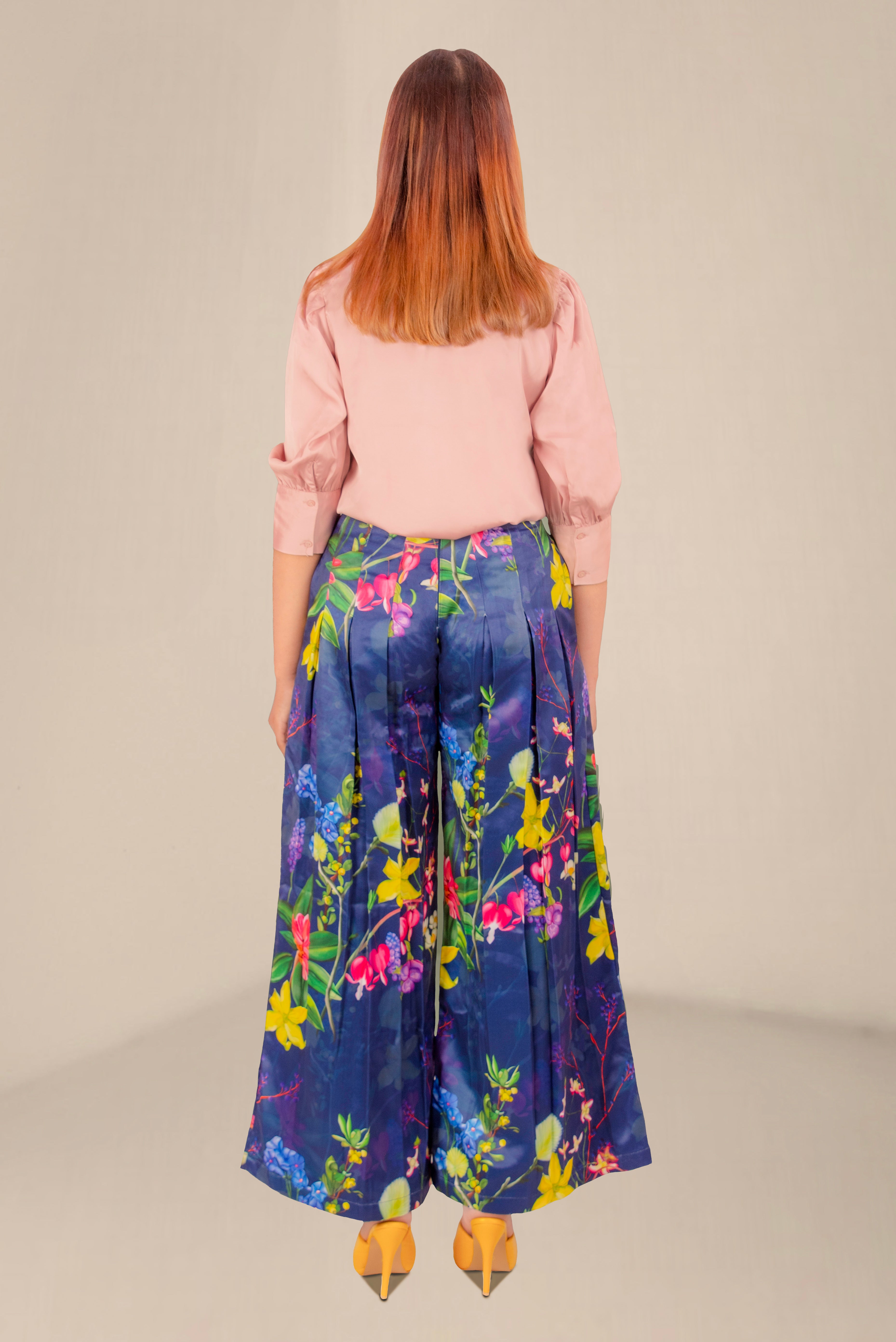 Women Navy Blue Floral Wide-Leg Pants