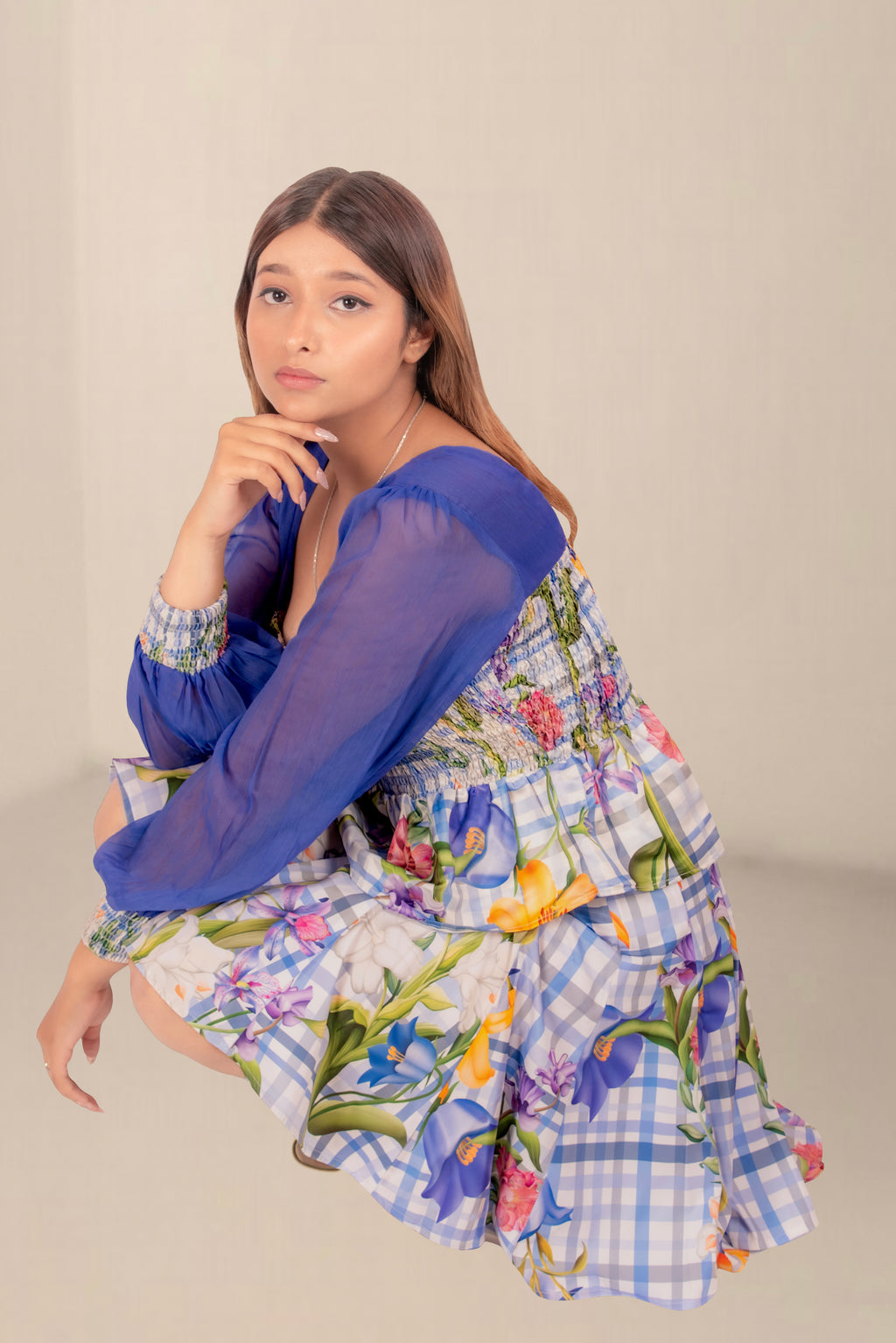 Women Royal Blue Sheer Sleeve Floral Smocked Peplum Top