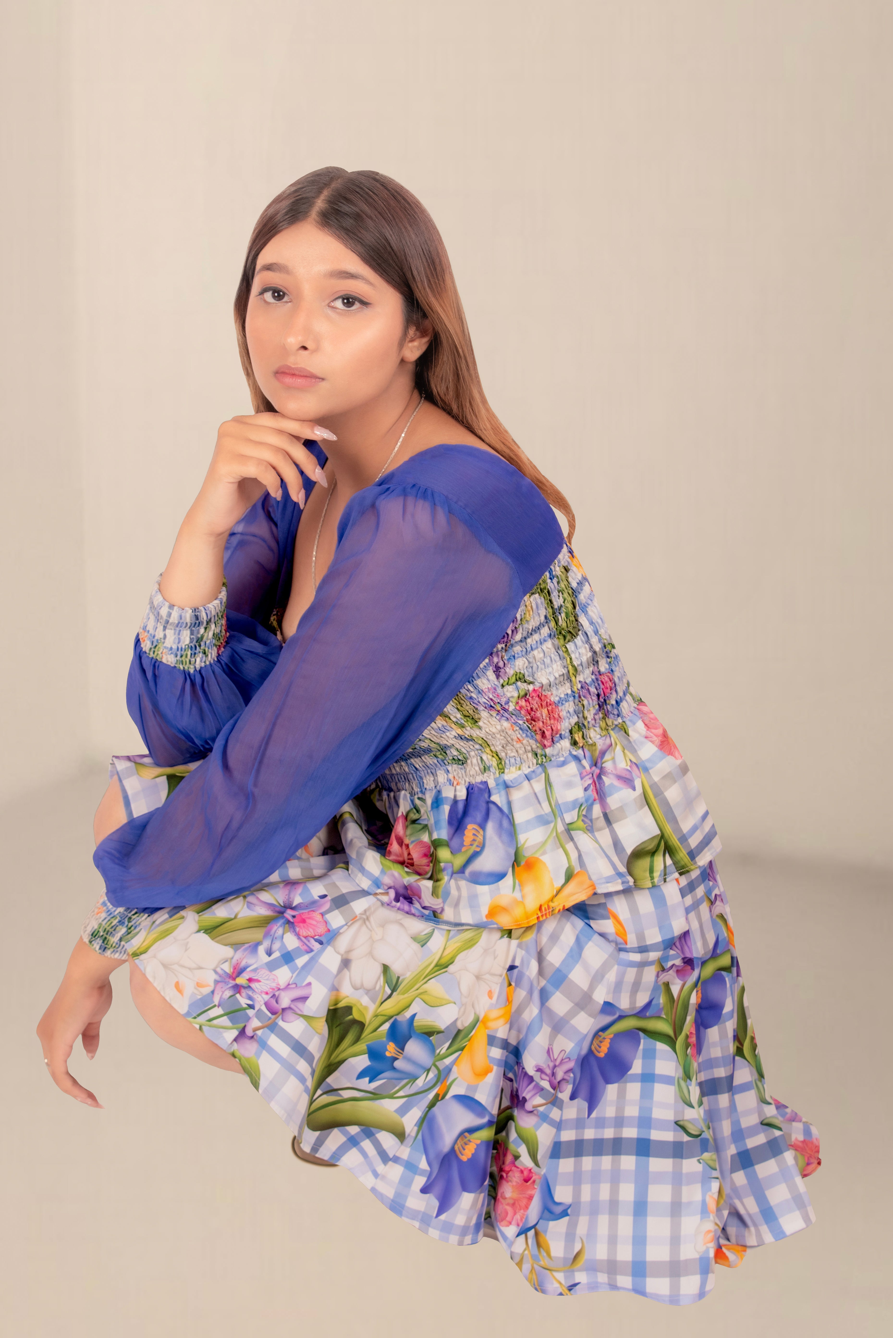 Women Royal Blue Sheer Sleeve Floral Smocked Peplum Top