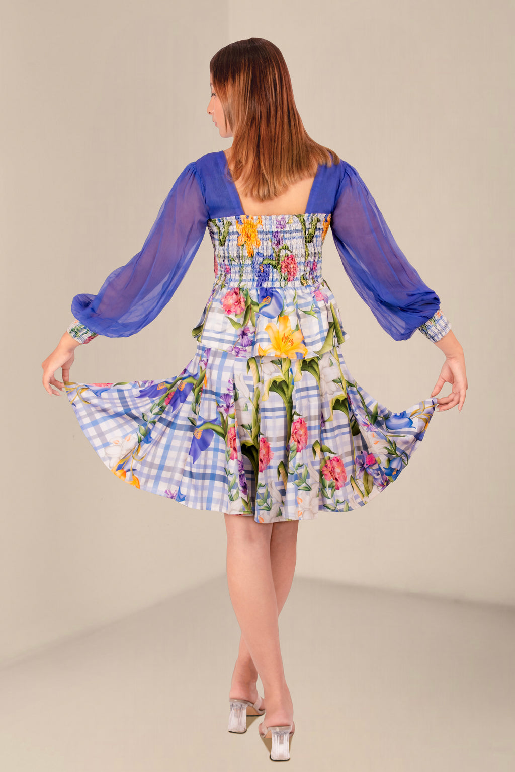 Women Royal Blue Sheer Sleeve Floral Smocked Peplum Top