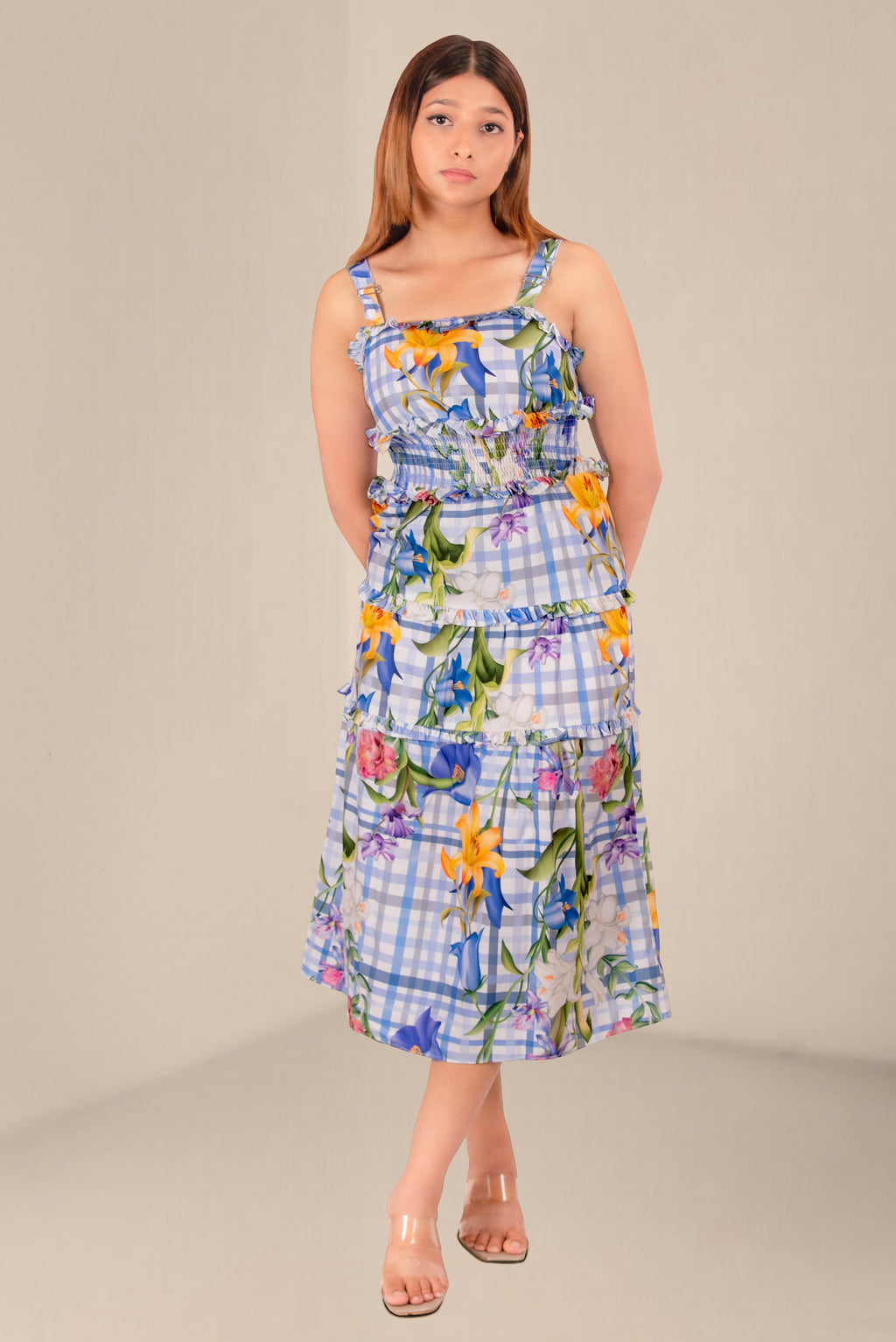 Women Pastel Checkered Floral Tiered Midi Dress