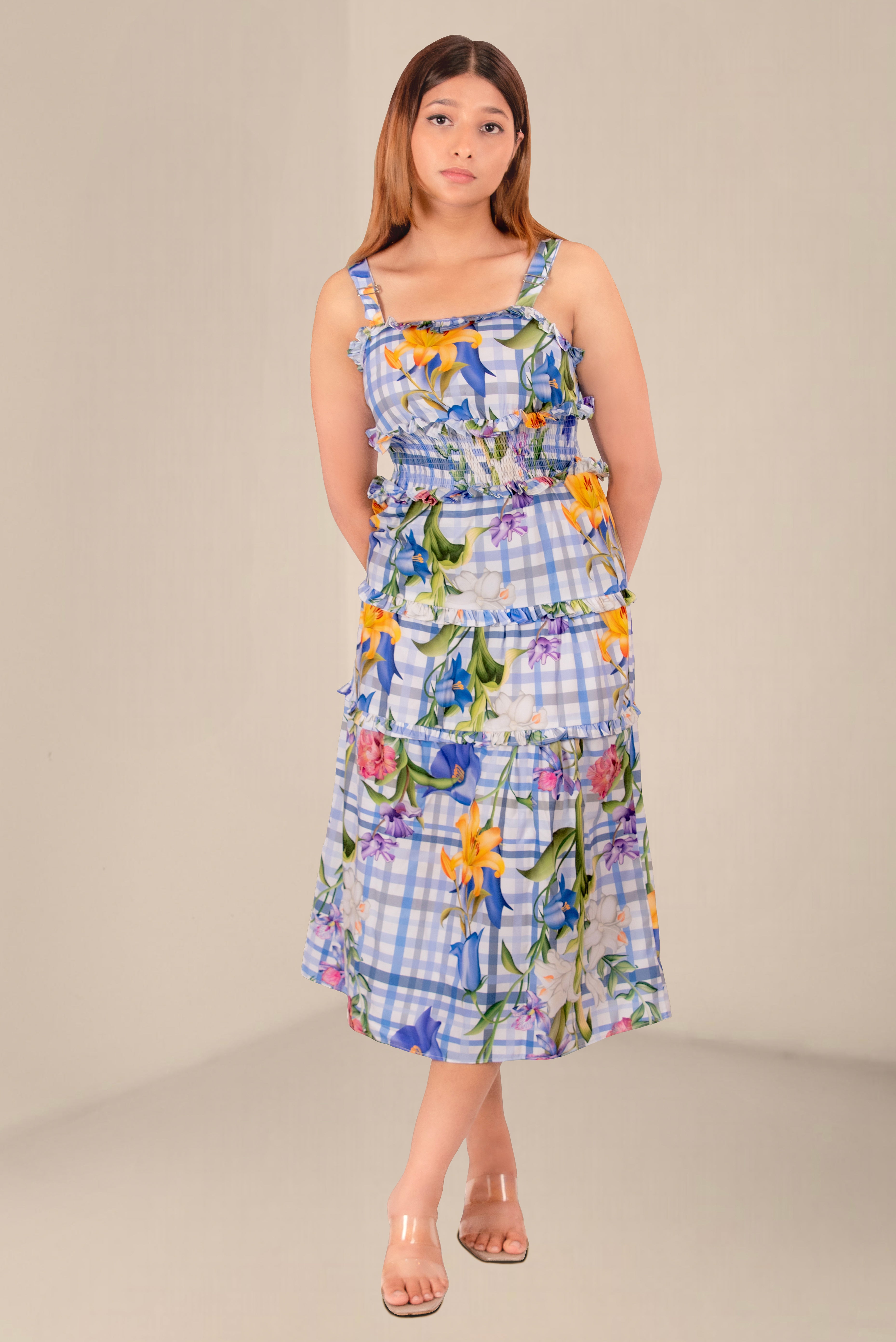 Women Pastel Checkered Floral Tiered Midi Dress