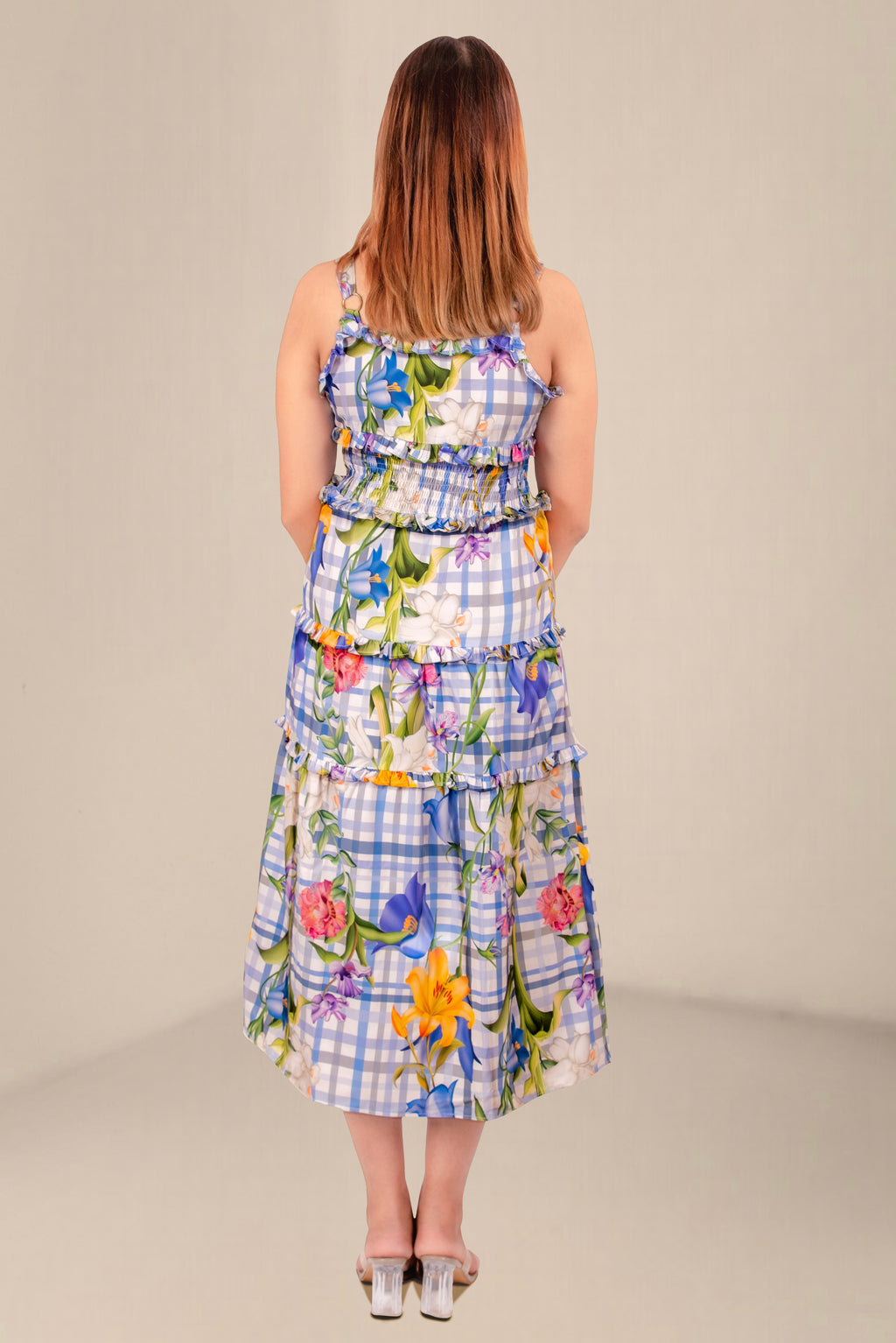 Women Pastel Checkered Floral Tiered Midi Dress