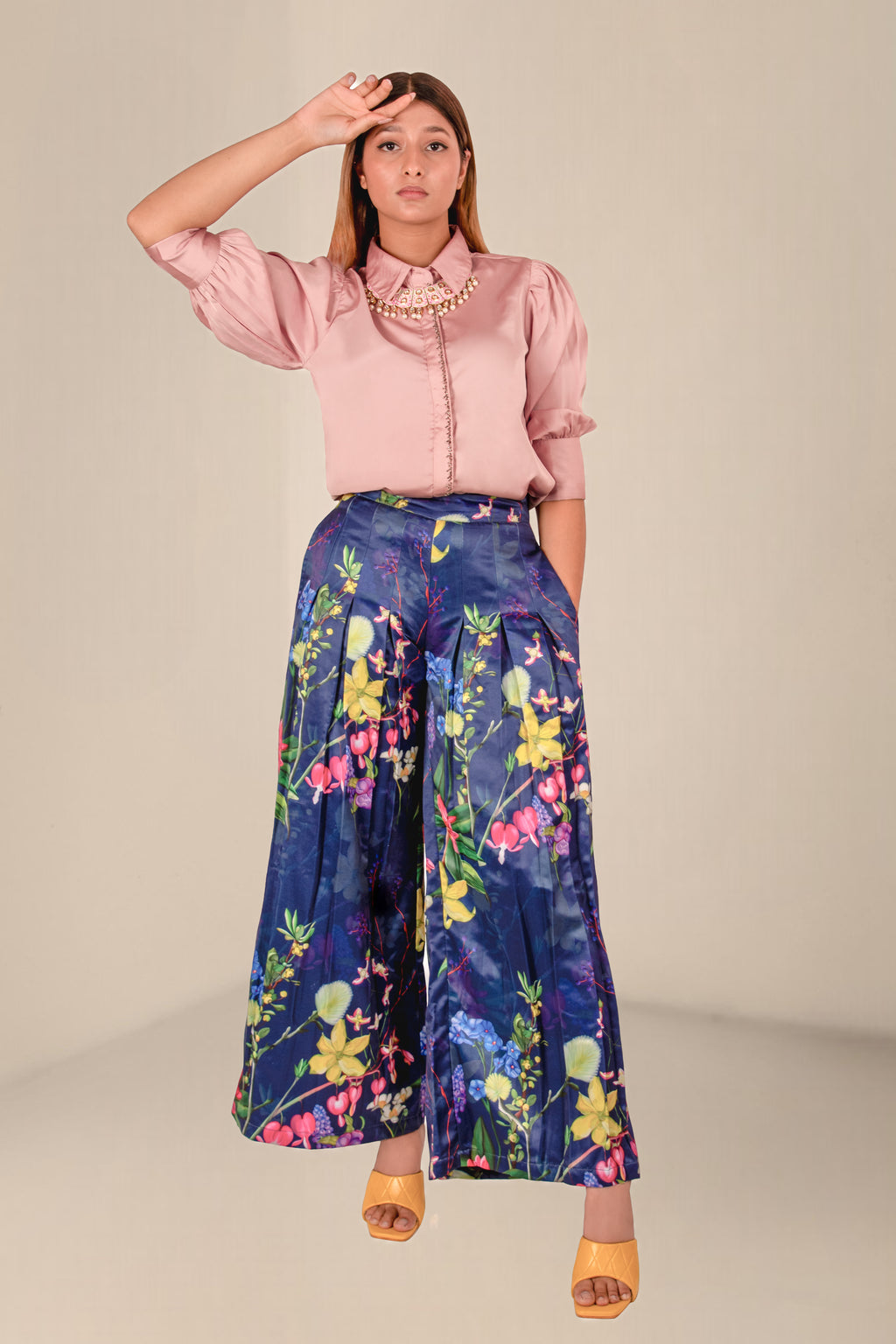 Women Navy Blue Floral Wide-Leg Pants