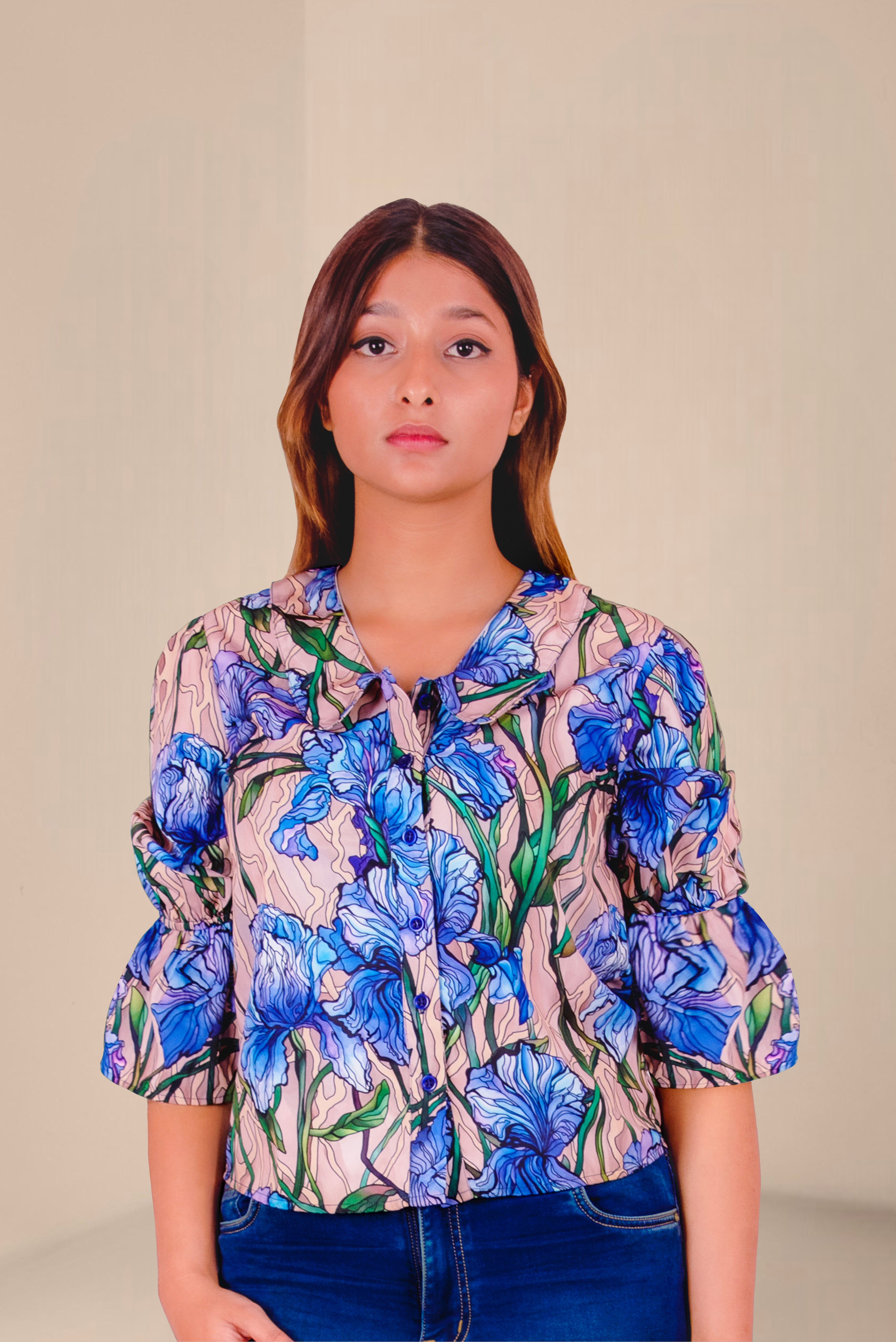 Floral Printed Tie-Neck Blouse – Elegant Blue Iris Top for Women