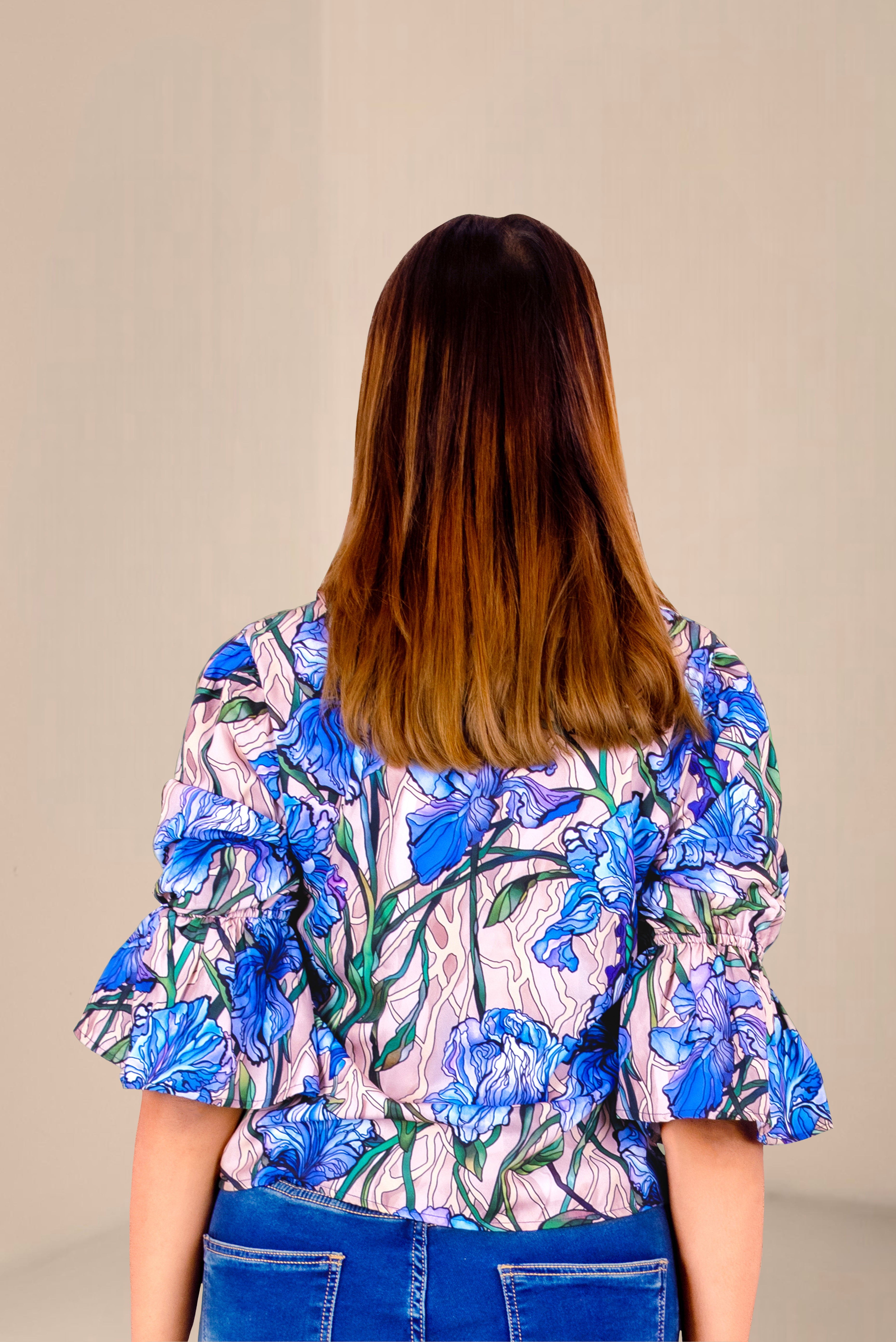 Floral Printed Tie-Neck Blouse – Elegant Blue Iris Top for Women