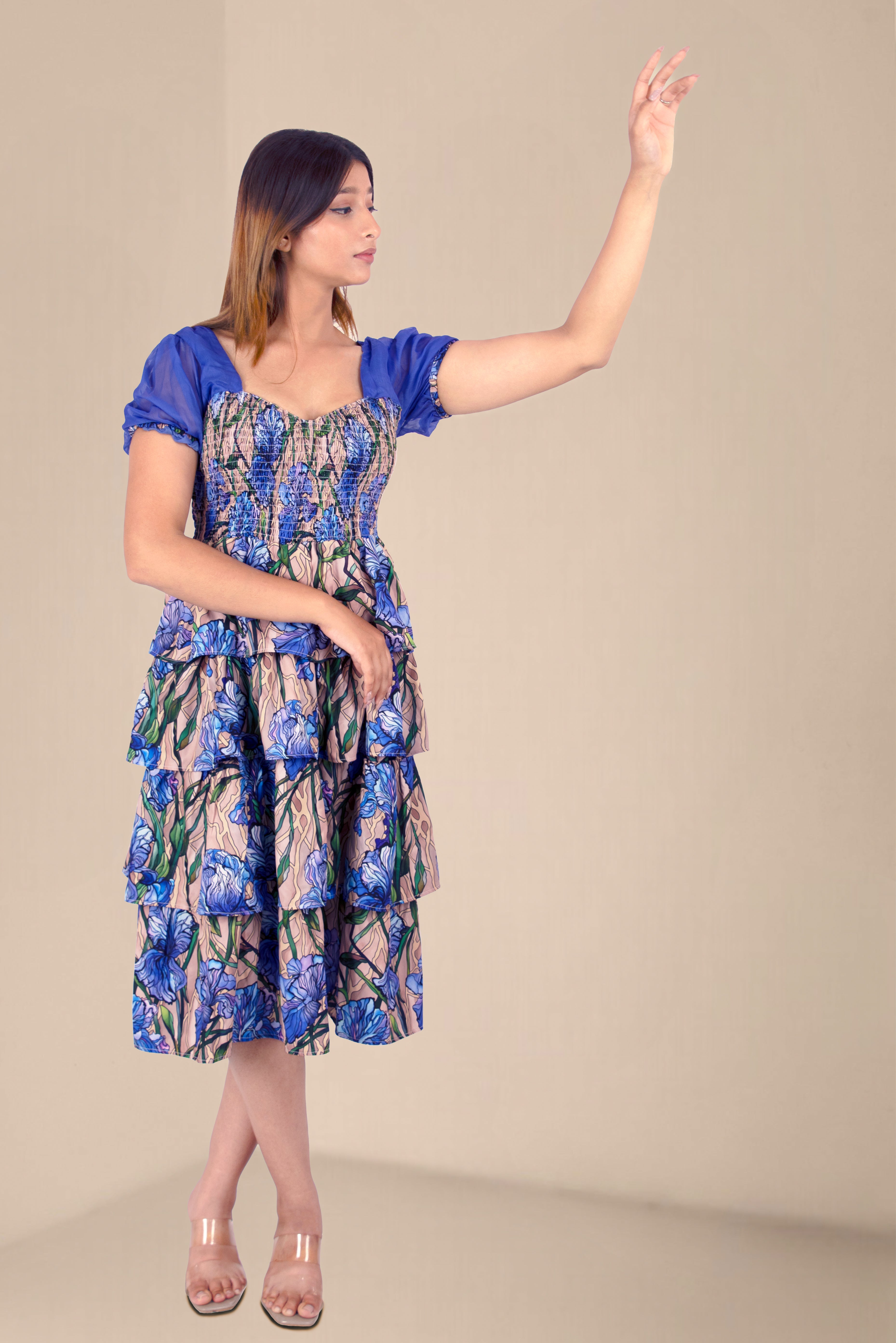 Women Floral Tiered Midi Dress with Puff Sleeves – Blue & Beige Smocked Fit