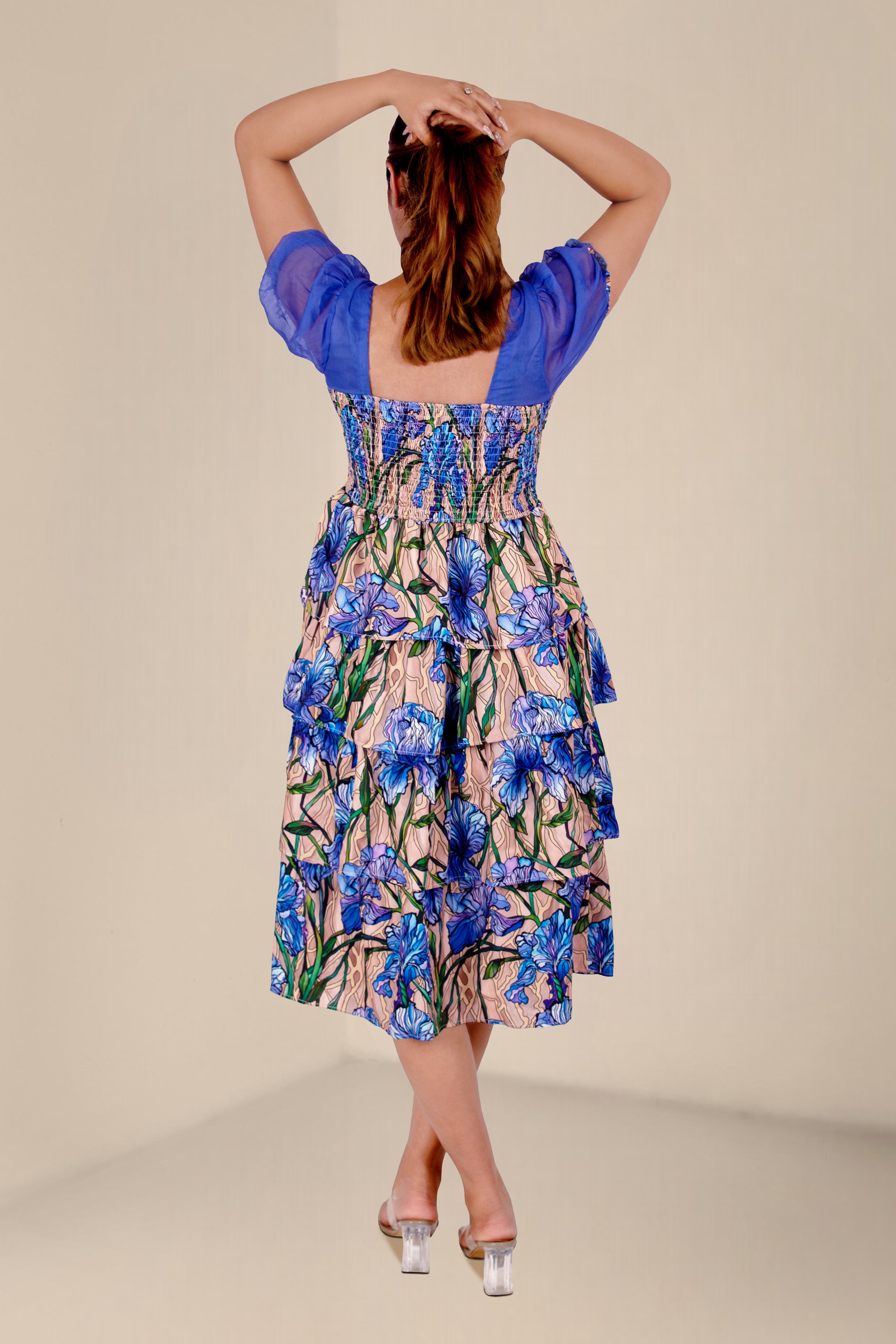 Women Floral Tiered Midi Dress with Puff Sleeves – Blue & Beige Smocked Fit